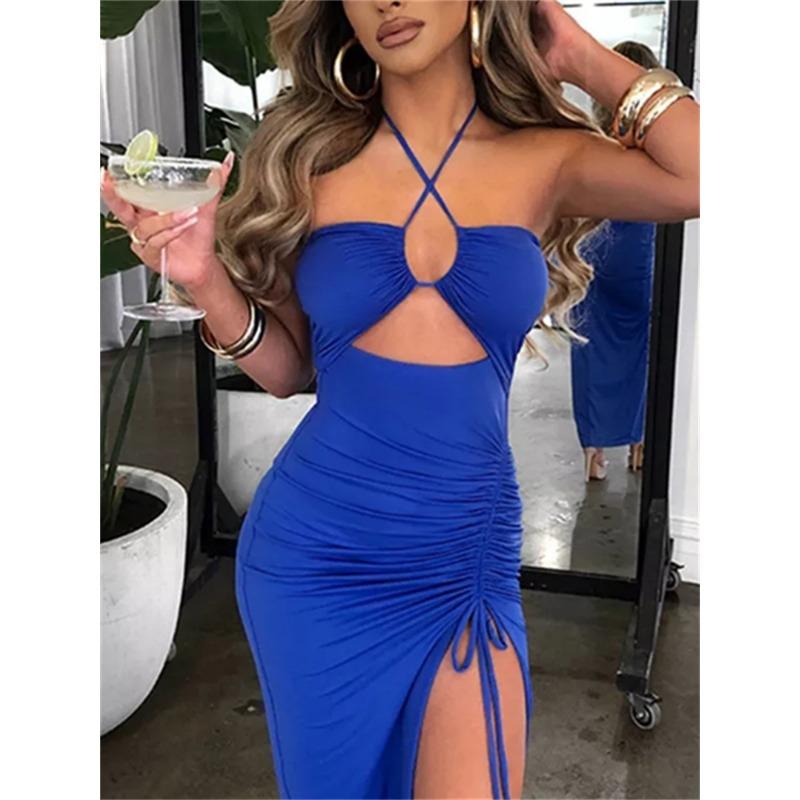 Hollow Out Drawstring Dress Women Sleeveless Backless High Split Elegant Ruched Dress Vestidos Partywear Robe Sexy Femme