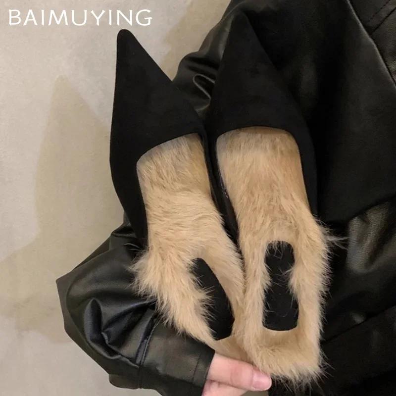 Меховые леопардовые женские тапочки с острым носком, сексуальные замшевые толстые туфли-мюли, женская зимняя трендовая обувь 2025 года, элегантное платье Zapatillas De Mujer