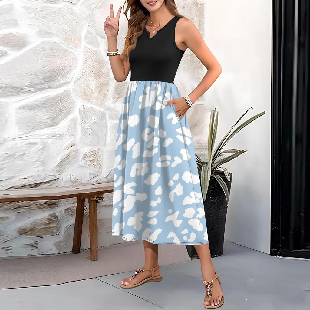 Женское платье без рукавов с цветочным принтом и высокой талией, модное и элегантное