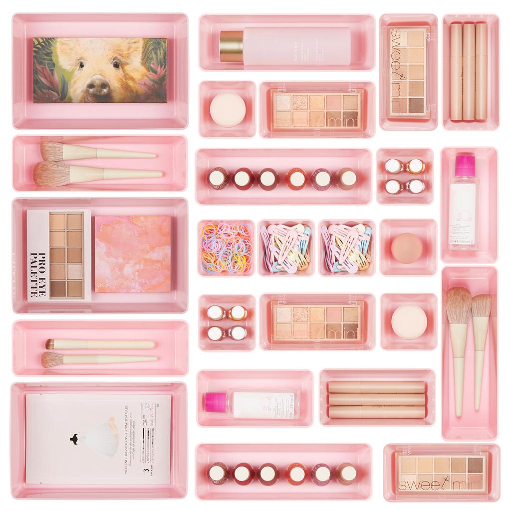 Красочный набор из 25 прозрачных пластиковых органайзеров для ящиков 4 размеров, разделители для ящиков туалетного столика, контейнеры для хранения и разделения макияжа, кухонной утвари