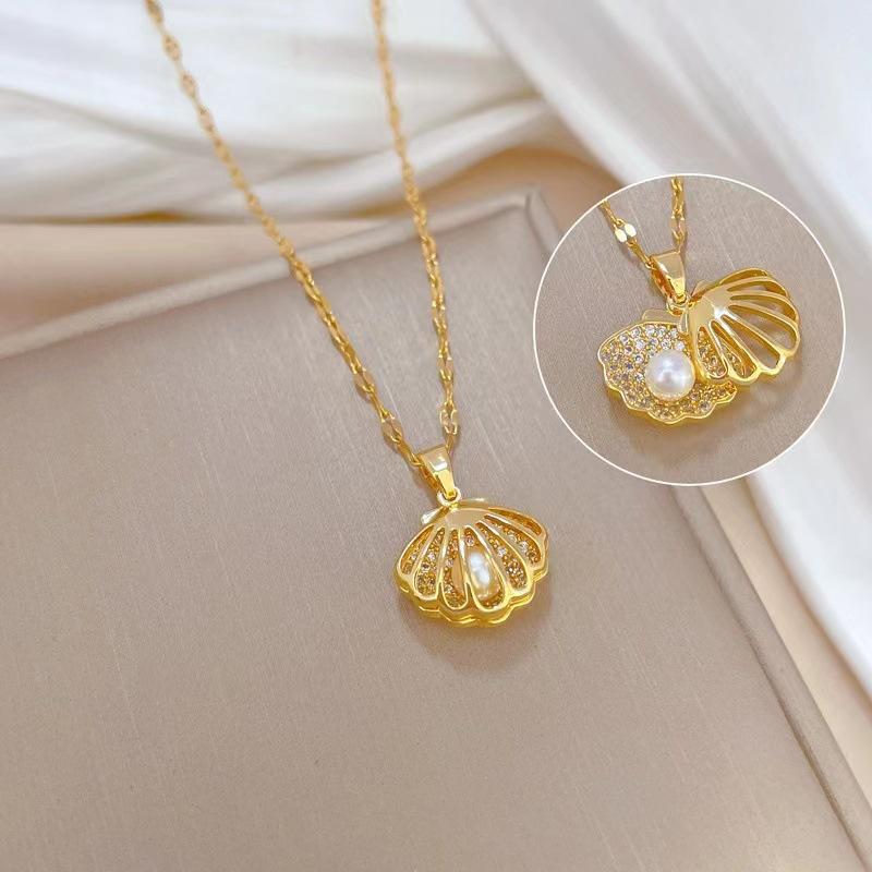 Light Luxury Full-length Drill-width Empty Shell Pearl Necklace Women's Necklace Pendant Ins Style Accessories