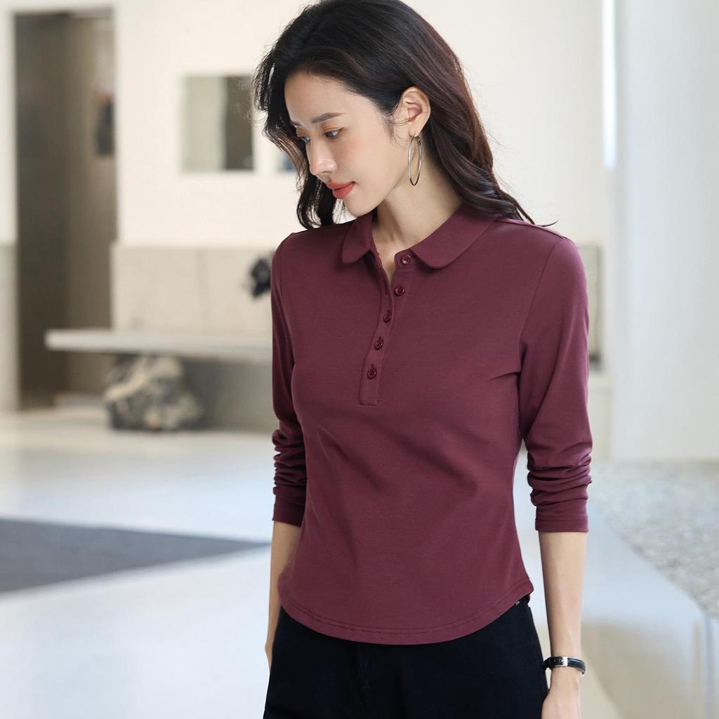 Women's Slimming Cotton Long Sleeve Polo with Peter Pan Collar: Autumn & Spring Essential