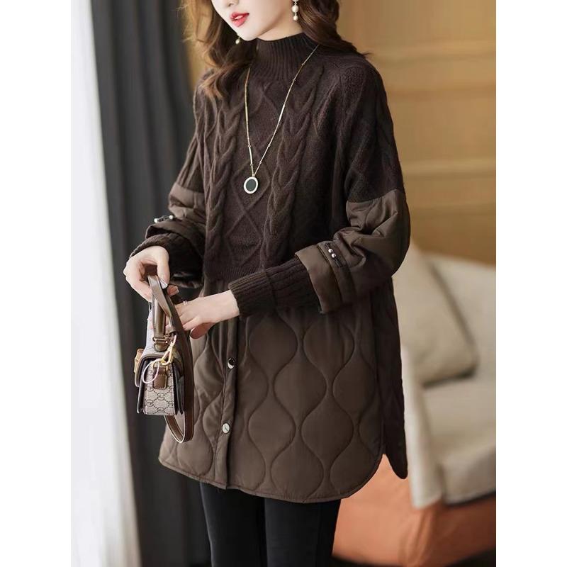 Dimanaf 2023 зимние свитера больших размеров, женское лоскутное ватное пальто, пуловер, вязаная водолазка, искусственный свободный свитер из двух предметов