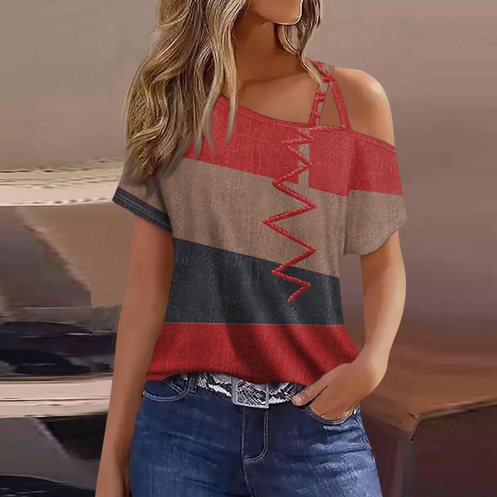 Women's Fashion Casual Print Sexy Cold Shoulder Short Sleeve T-shirt Top