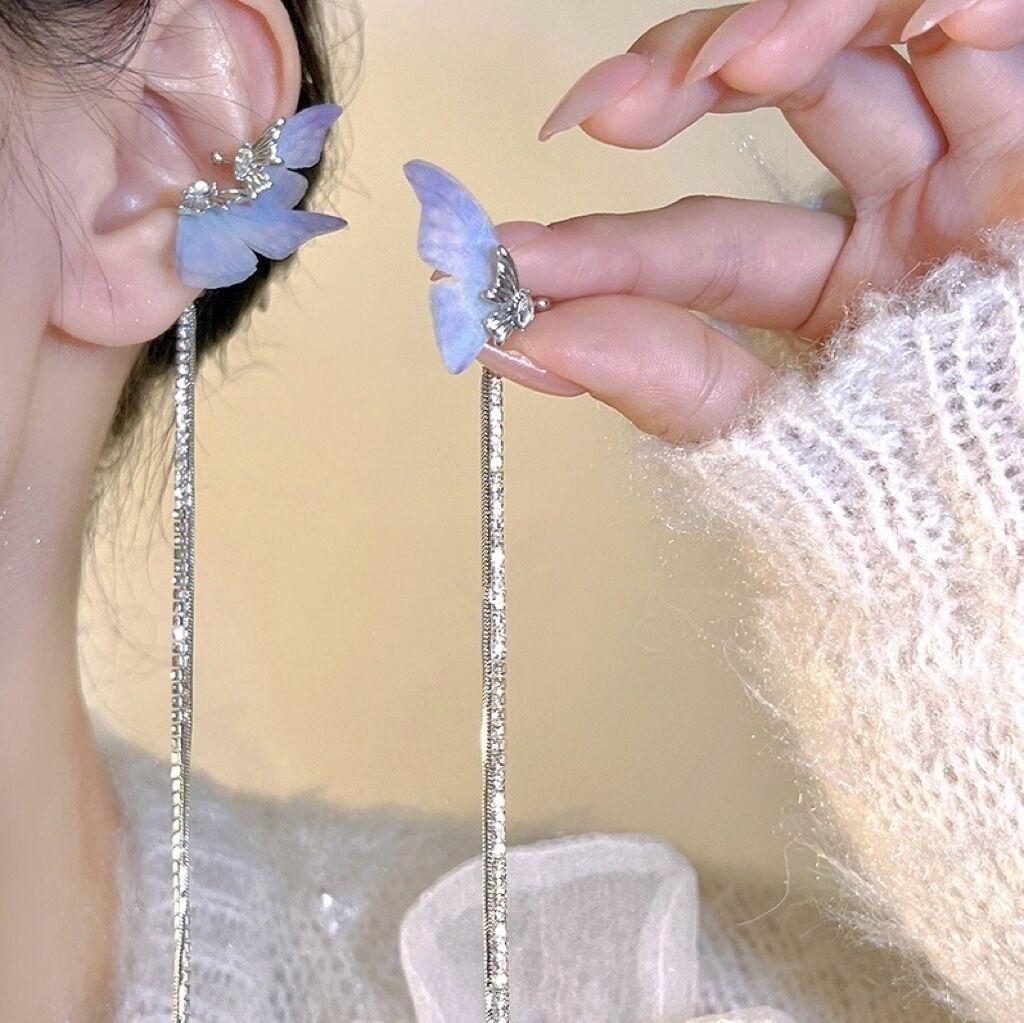 Серьги-клипсы с бахромой в виде фиолетовой бабочки, инкрустированные бриллиантами, нишевый дизайн, без проколов ушей, клипсы-косточки для ушей, серьги с характером и темпераментом эльфа.