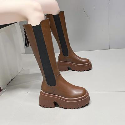 Модные зимние высокие сапоги на каблуке 8,5 см для женщин, модные длинные сапоги с толстой подошвой, женские элегантные рыцарские сапоги с толстой подошвой