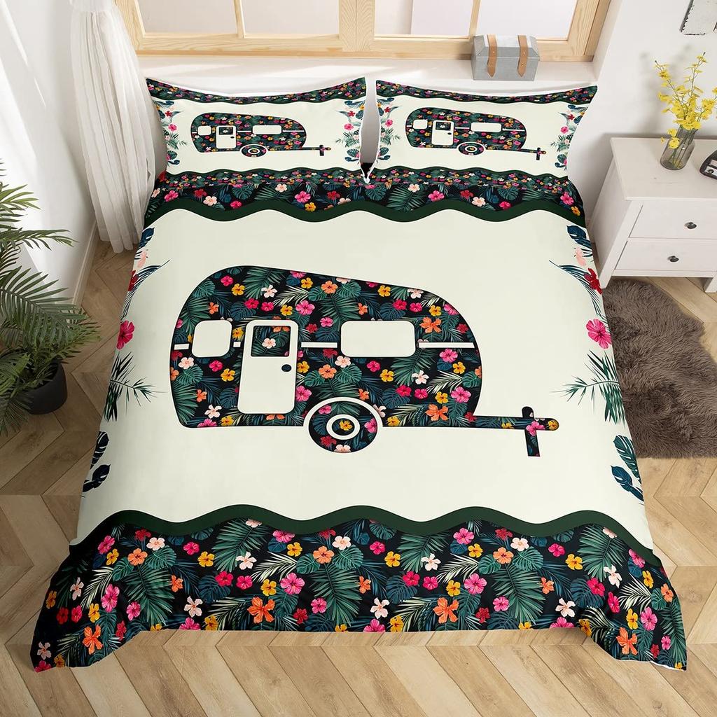 Camping Duvet Cover Lodge Cabin Camp Travel Car Bedding Set,Happy Glamping Trailer Comforter Cover Queen,Vintage Farmhouse Decor