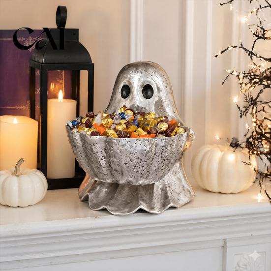 Desktop Decorative Bowls Halloween Ghost Candy Bowl, Resin Storage Dish, Silver Table Decor Gray Snack Holder, for Home Tabletop And Entryway
