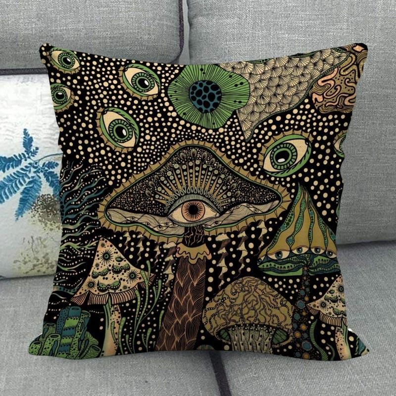 45X45см Наволочка с грибным артом Квадратная на молнии Хлопково-льняные наволочки Спальня Дом Офис Декоративная наволочка WJY12.25