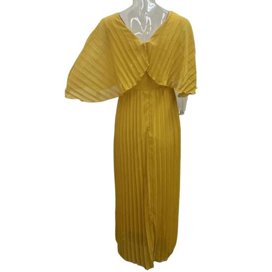 Women Evening Dress Dolman Sleeves Pleated V Neck Pure Color High Slim Waist Full Length