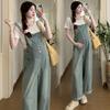 2026 Summer Maternity Fashion: Loose Retro Denim Overalls & Slimming White T-shirt Two-Piece Set