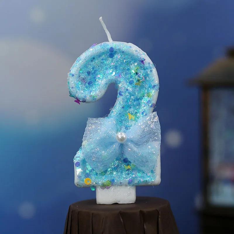Y 3D Blue Bow Sparkling Number Candles - Birthday Cake Topper with Glitter Accents, Kawaii Party Decor for Birthdays/Weddings