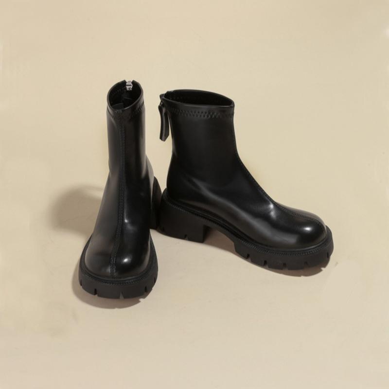 Эластичные маленькие короткие ботинки толстый каблук круглый носок бархатные на толстой подошве ботинки Мартина женские 2025 осень и зима новая мягкая кожа тонкие ботинки