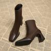 Vintage Women Ankle Boots Fashion Square Toe Stretch Short Booties Autumn Winter Ladies Concise Thick High Heels Shoes