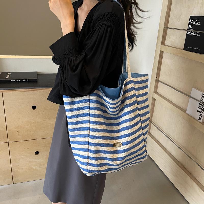 Women's 2024 Large Striped Canvas Tote Bag for Commuting & College Students