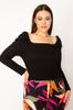 Women's Big Size Blouse Plus Size Black Body Part Gimped Elastic Karmen Collar Long Sleeve Crop Blouse