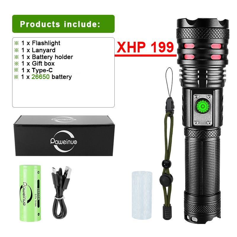 Super XHP199 Самый мощный светодиодный фонарик Мощный фонарик 18650 Фонарь Перезаряжаемый светодиодный фонарик для кемпинга