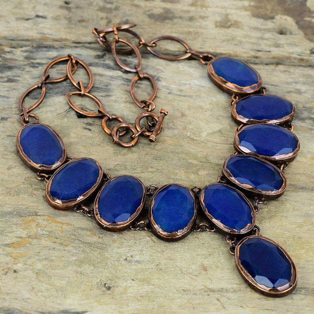 Ожерелье из граненого синего сапфира, ожерелье из электроформованной меди с регулируемой цепочкой, ожерелье из драгоценных камней ручной работы, электроформованное ювелирное изделие, подарки для нее