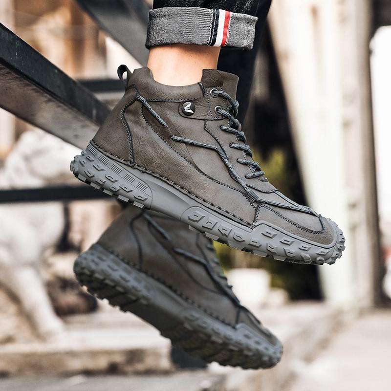 38-46 Модные зимние ботинки для мужчин, плюшевые кожаные ботинки с ручным швом, высокие походные ботинки, нескользящие, теплые, мужские ботинки, большие