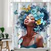 Black Girl Shower Curtain – African American Woman With Colorful Floral Design, Rustic Wooden Style Fabric Curtain With Hooks