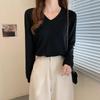 Ранней осенью свободная трикотажная базовая рубашка с V-образным вырезом и длинными рукавами, женский тонкий внутренний свитер, простой топ
