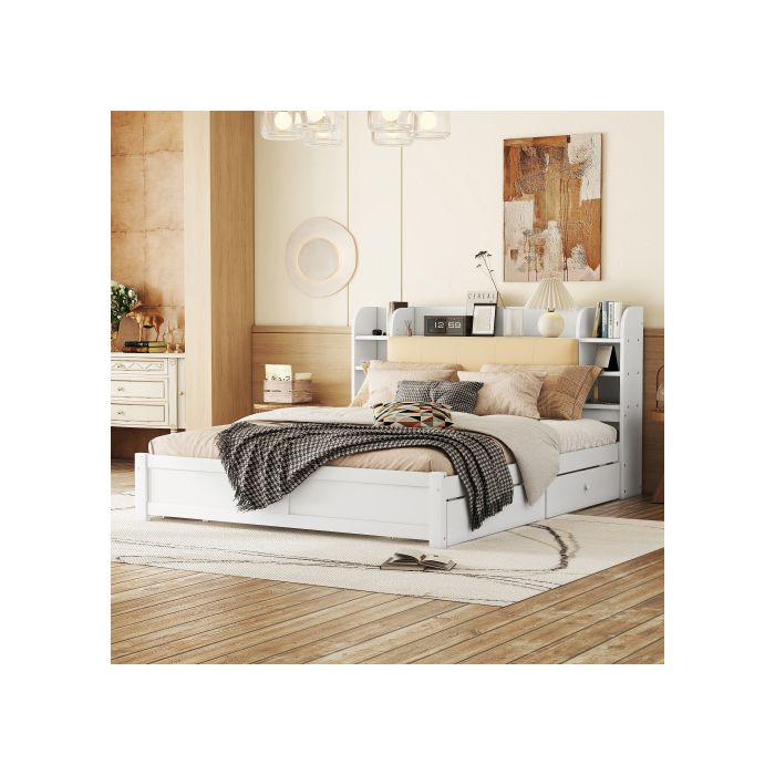 Lit - 180x200 cm - Tête de lit relevable - 4 tiroirs - Rangement intégré - Blanc