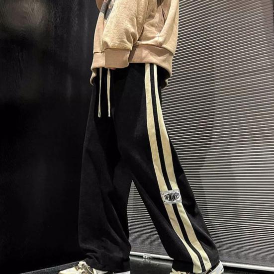 Men Pants Drawstring Elastic Waist Wide Leg Striped Retro Solid Color High Street Full Length Loose Soft Breathable Men Sweatpants Trousers