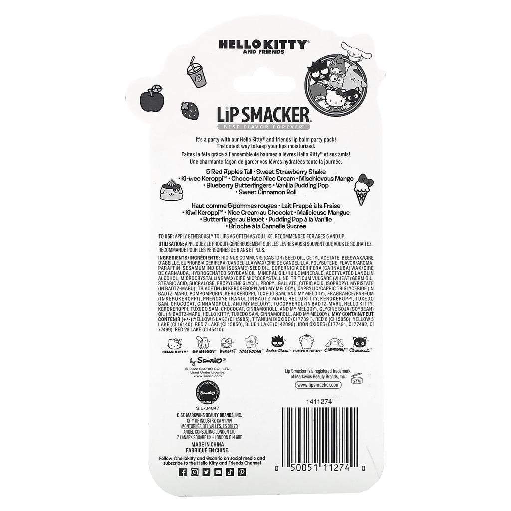 Lip Smacker Hello Kitty and Friends, бальзам для губ, разные вкусы, 8 упаковок, 4 г (0,14 унции) каждый
