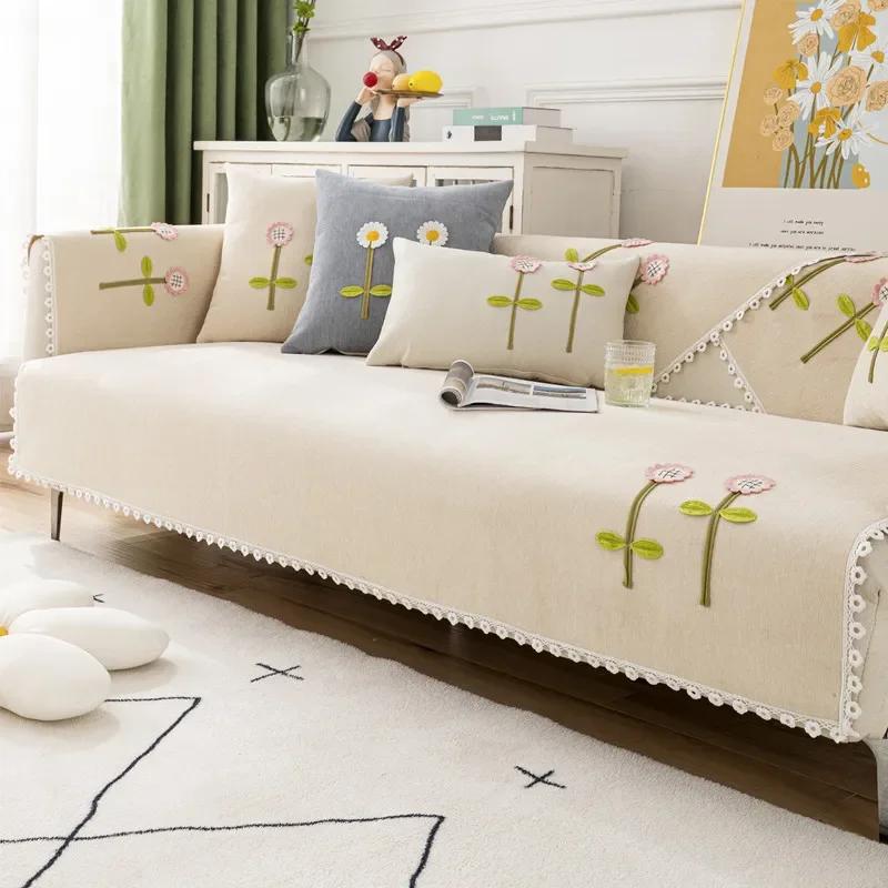Solid Flower Sofa Cover White Edge Chenille Sofa Mat Non-slip Sofa Towel Couch Cushion Four Seasons Universal Couch Slipcover