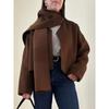 Women Brown Woolen Round Neck Coat with Scarf Elegant Long Sleeve Loose Short Jacket Autumn Lady Street Outerwear
