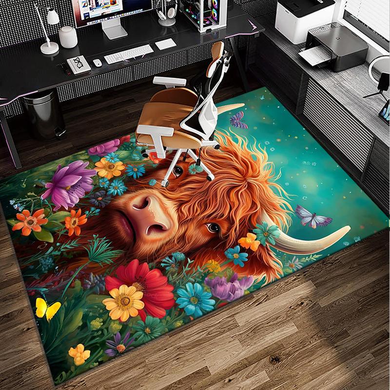 Cow In Flower Field Office Rug Chair Mat, Entryway Carpet, Suitable for Front Door, Bedroom, Living Room, Desk, Holiday Gift