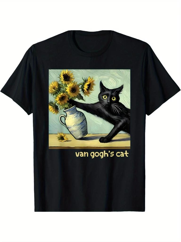 Camiseta Artstica Con Pintura De Gato Negro Y Girasol De Van Gogh Estilo Callejero De Algodn Tendencia De Verano Cmoda Moda