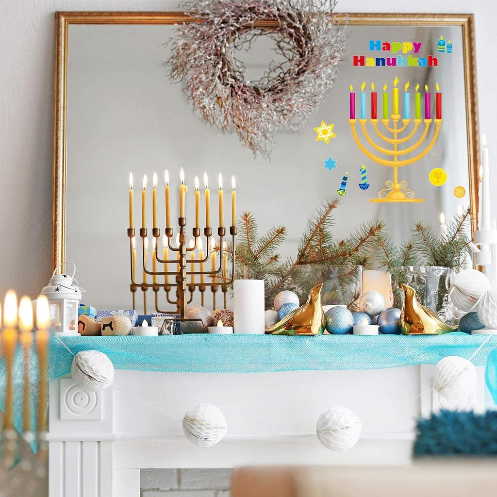 Outus 84 Pcs Hanukkah Window Clings Menorah and Star of Window Decals Je Chanukah Decorations Vinyl Cling Decor for Window Sliding Glass Doors