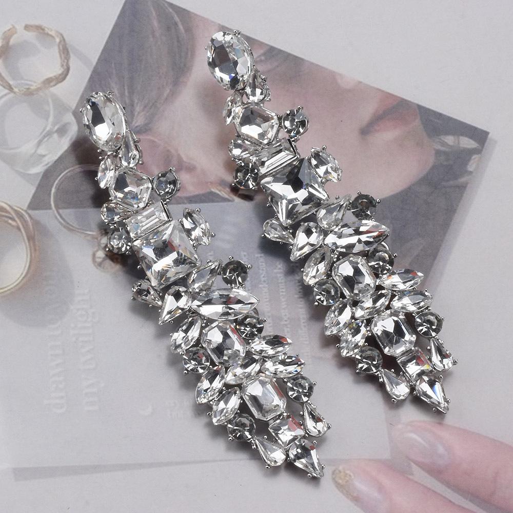 European and American Exaggerated Diamond-set Fringed Earrings Women's Fashion Creative Rhinestone Long Stud Earrings