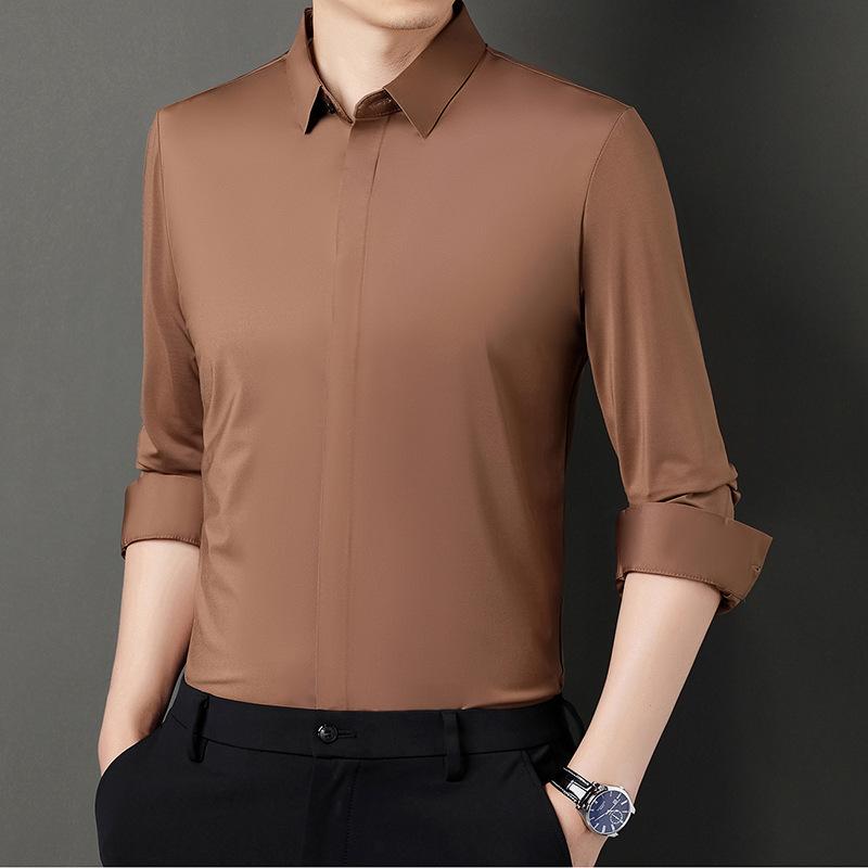 Men's Long-Sleeved Shirt Spring and Autumn Dark Placket Business Casual Solid Color Elastic Seamless Shirt