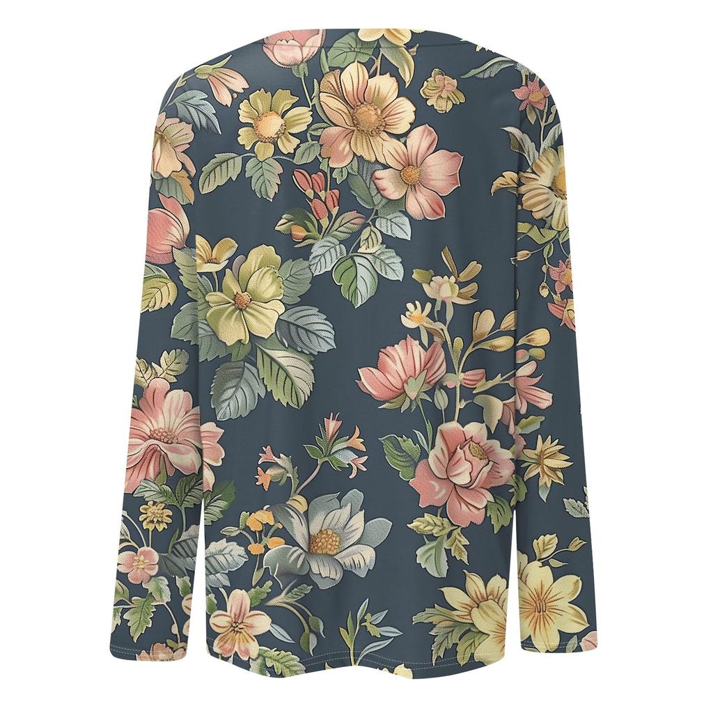 Женская мода Повседневная ретро-принт с круглым вырезом и длинным рукавом Декоративная футболка Топ