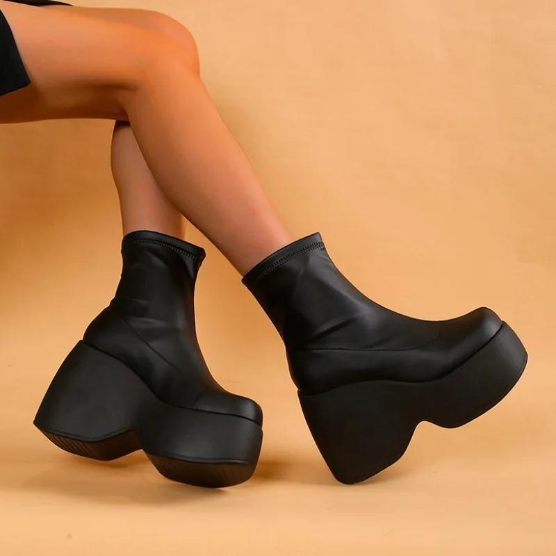 Ботильоны на танкетке, современные, весна/осень, женская обувь без застежек, высококачественные, с круглым носком, на очень высоком каблуке, женские ботинки с пошивом