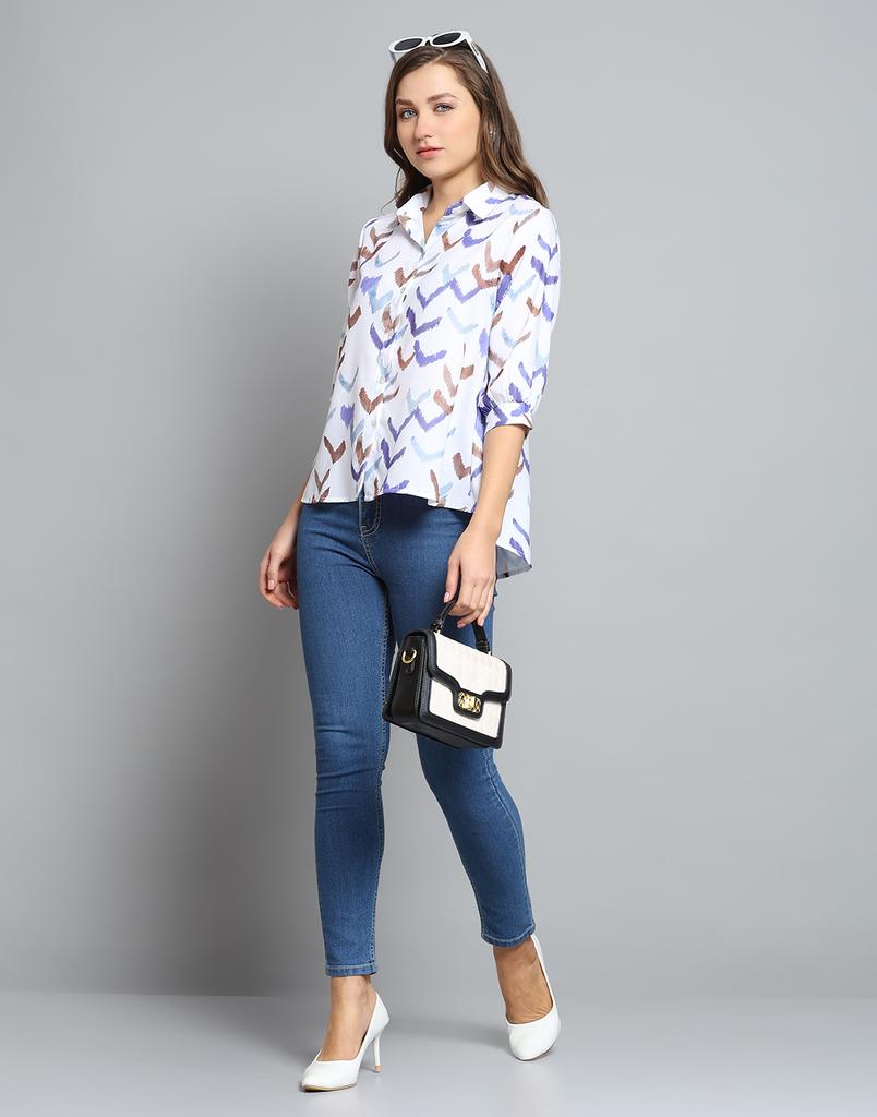 MONTE CARLO Женский топ с принтом, цвета слоновой кости, с воротником-стойкой и рукавами 3/4