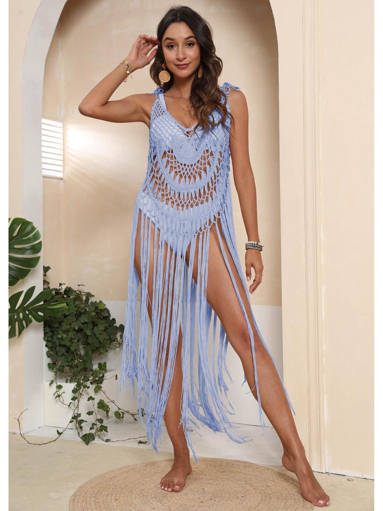 Hand-Crocheted European-American Beach Cover-Up Dress with Tassel and Hollow-Out Design