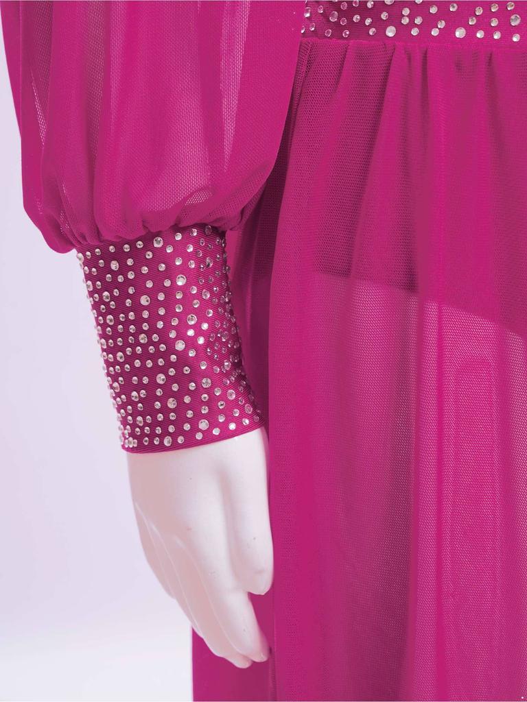 Девочки Сетчатый Танцевальный Топ с Длинным Рукавом, Воротником-стойкой, Вырезом на Спине и Стразами, Укороченный для Лирического Балета