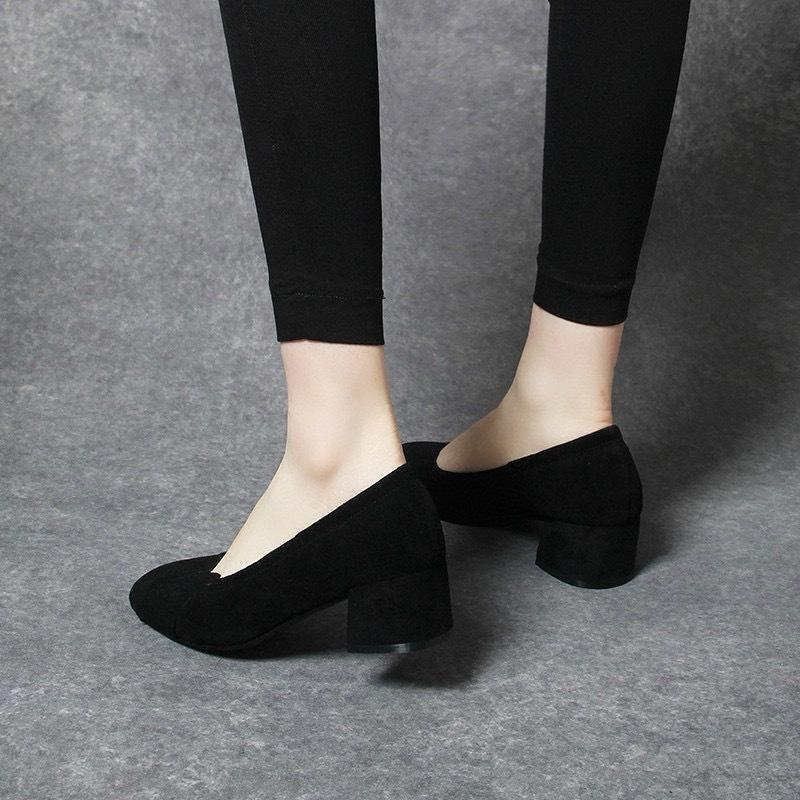 Black High Heels Women's Spring and Summer New Round Head Thick Heel Light Mouth Single Shoes Commuter Work Shoes Professional Dress Shoes