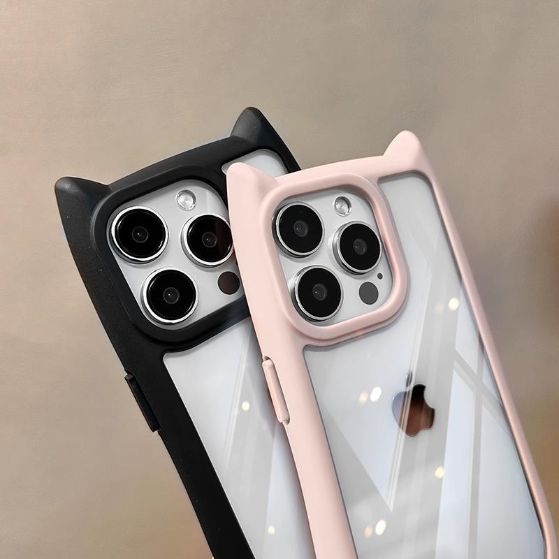 Милый прозрачный чехол с кошачьими ушками для iPhone 16 12 13 14 15 Pro Max 11, противоударная жесткая акриловая задняя крышка, мягкий силиконовый кавайный чехол