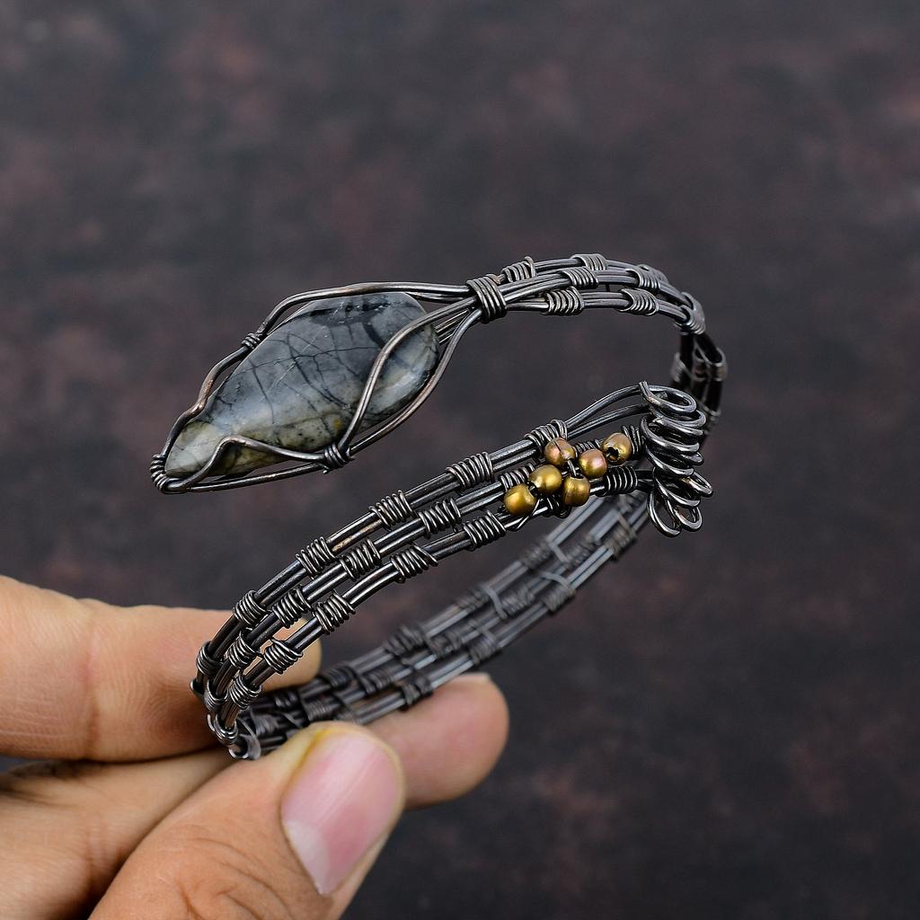 Браслет-манжета из яшмы Пикассо, медная проволока, браслет с драгоценными камнями, регулируемая манжета, браслет ручной работы, медная проволока, ювелирные изделия, подарок на годовщину