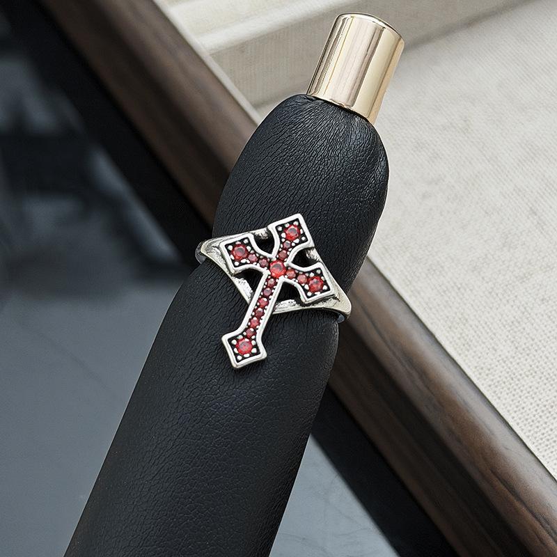 Gothic Spice Girl Red Enamel Zircon Cross Tide Opening Ring Sweet Cool Dark Premium Ring