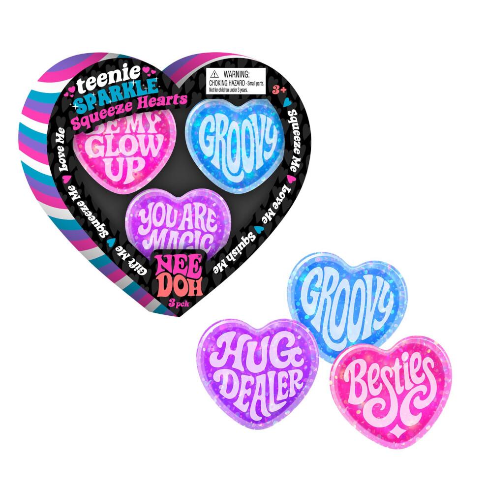 NeeDoh Teenie Sparkle Hearts | Набор из 3 маленьких блестящих сердечек-антистресс | Набор игрушек-фиджетов для детей и взрослых | Мягкие игрушки-сердечки в стиле сладостей |