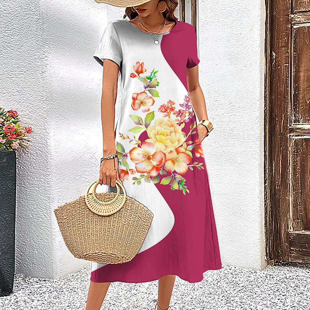 Элегантные женские платья, модные женские топы с короткими рукавами, повседневные женские свободные платья А-силуэта, пуловеры, простые цветы, одежда