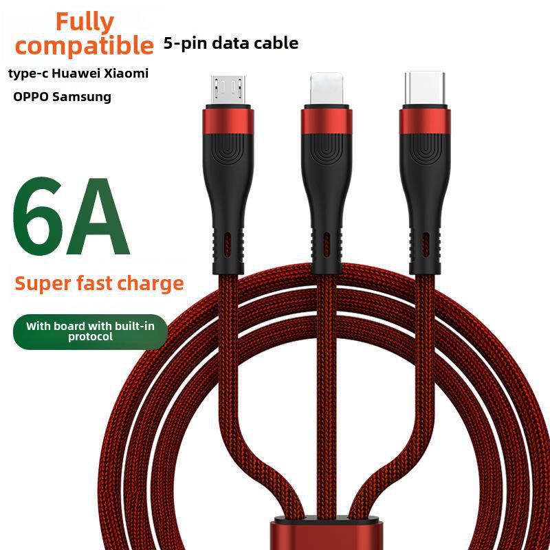 Кабель для передачи данных 6A 3-в-1, сверхбыстрая зарядка 100 Вт для Apple, Android, Type-C и ноутбуков с функцией быстрой зарядки PD