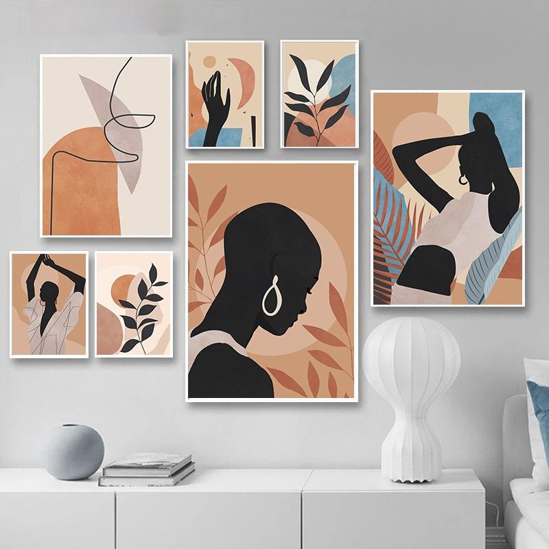 Черная Африканка Бохо Луна Рука Лист Абстрактное Настенное Искусство Холст Живопись Постеры и Принты Настенные Картины для Декора Гостиной Без Рамы