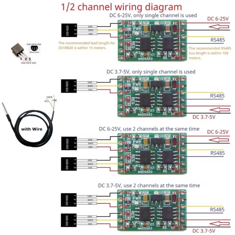 2CH 55-125℃ Modbus Temperature Sensors Module DS18B20 RS485 Adapter Board for Recorder Thermostatic Control