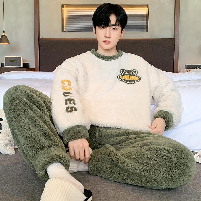 Осенне-зимний комплект мужской пижамы из кораллового флиса, утепленная фланель, теплая пижама большого размера с рисунком, мягкая пижама для мужчин, домашняя одежда